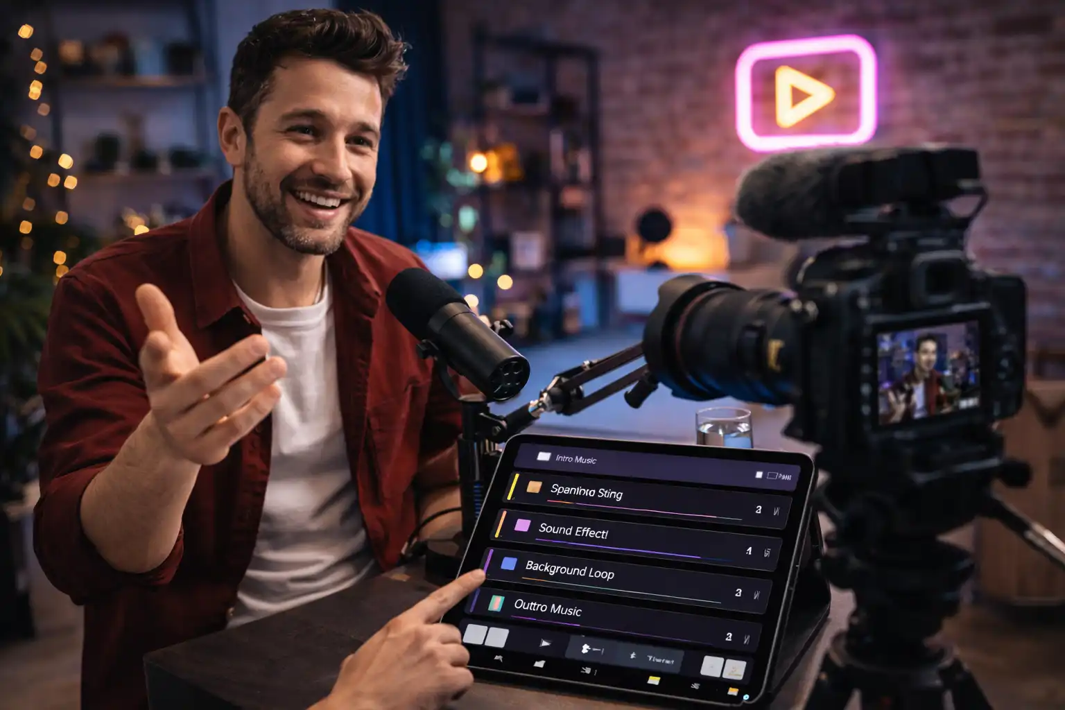 Content creator triggering audio cues while filming a video