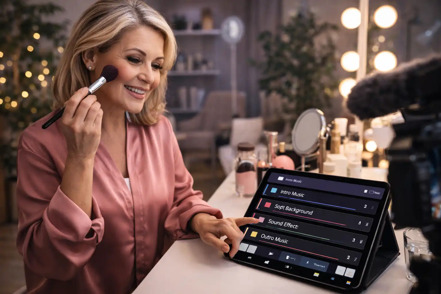 Influencer controlling an audio playlist on a tablet during content creation