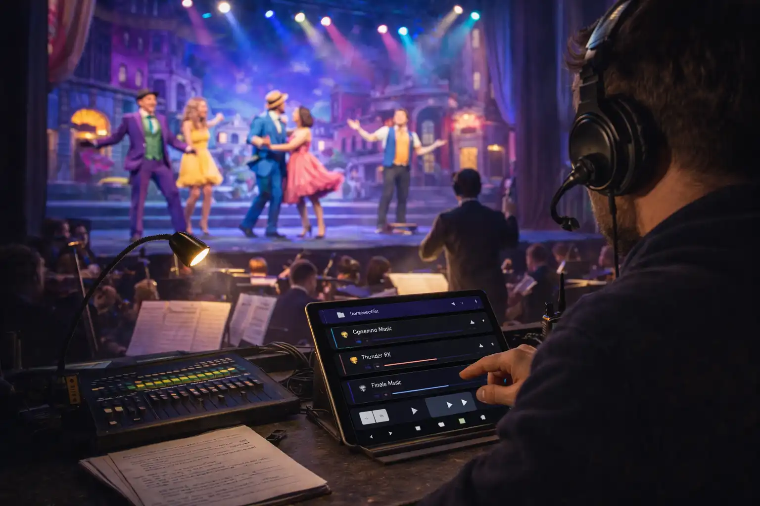 Stage manager using a tablet audio playlist for sound cues